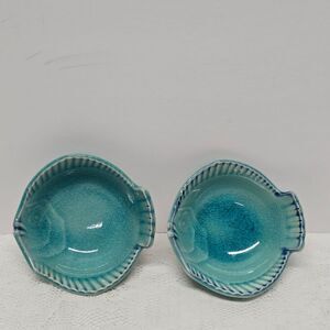 Vintage Asahi Japan Pottery Fish Blue Crackled Glaze Sushi Dip Sauce Dish Set